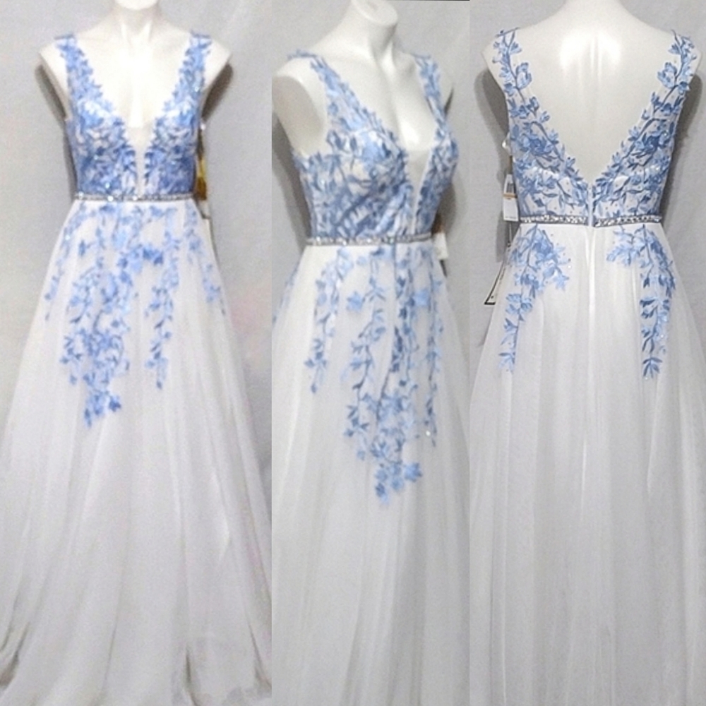 NWT White Blue Embellished Floral Ball Gown US 7 Prom Bridesmaid Formal Elegant